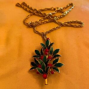 Gold and Green Holly Pendant Necklace